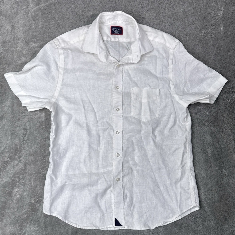 UNTUCKit Shirt Mens Small White Short Sleeve 100% Linen Wrinkle Resistant 40878
